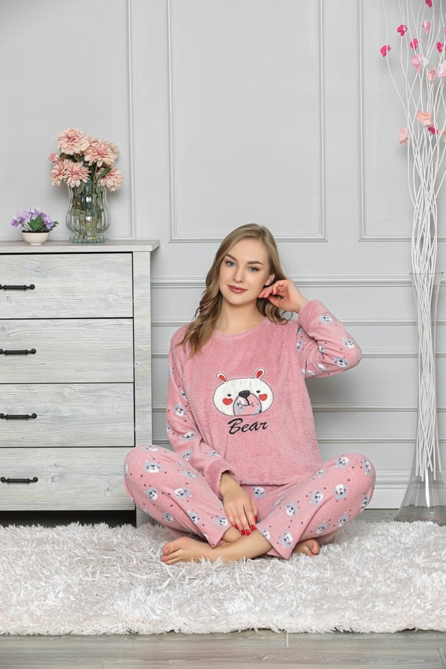 Kadın Pudra Ayıcıklı Polar Pijama Takım