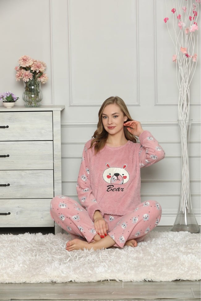 Kadın Pudra Ayıcıklı Polar Pijama Takım