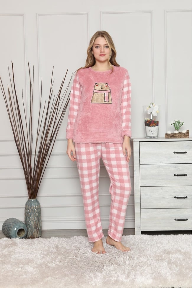 Kadın Pudra Beyaz Ekoseli Ayıcıklı Polar Pijama Takım