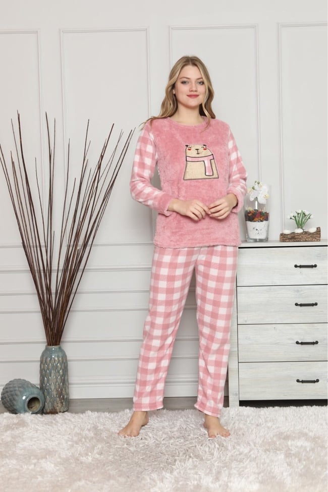 Kadın Pudra Beyaz Ekoseli Ayıcıklı Polar Pijama Takım