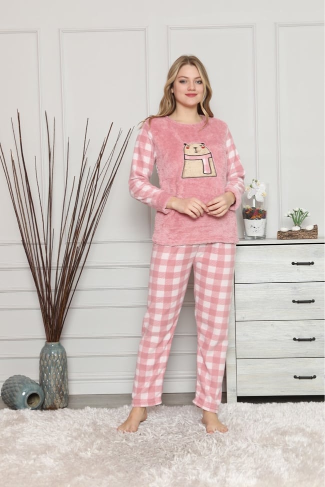 Kadın Pudra Beyaz Ekoseli Ayıcıklı Polar Pijama Takım