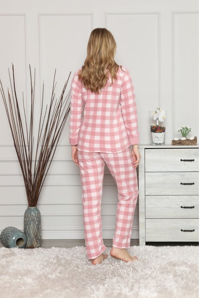 Kadın Pudra Beyaz Ekoseli Ayıcıklı Polar Pijama Takım