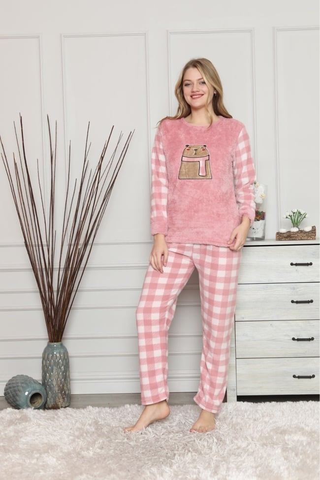 Kadın Pudra Beyaz Ekoseli Ayıcıklı Polar Pijama Takım