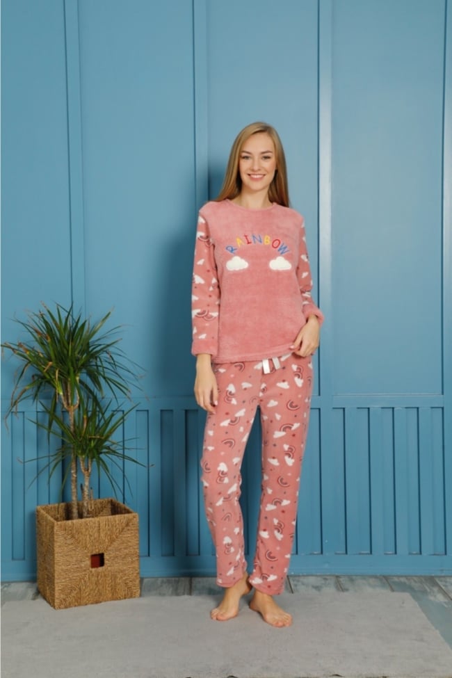 Kadın Pudra Bulut Baskılı Raınbow Yazılı Polar Peluş Pijama Takımı