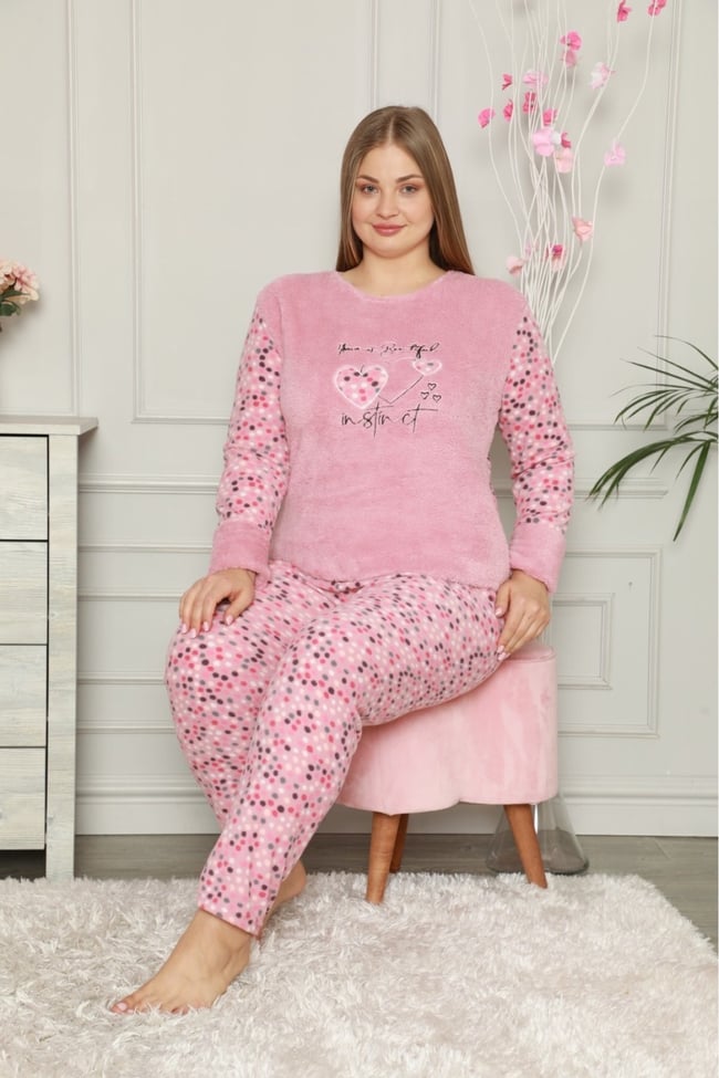 Kadın Pudra Büyük Beden Kalp Işlemeli Peluş Polar Pijama Takımı