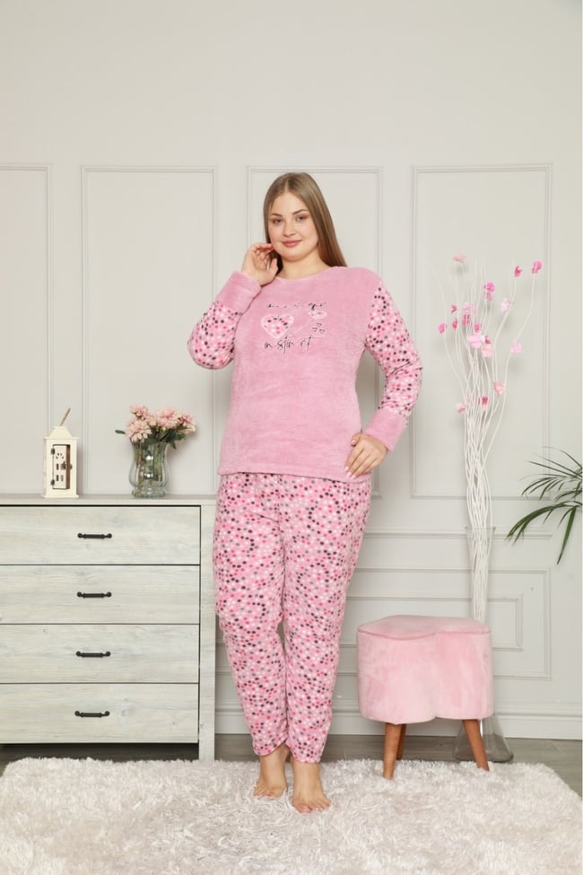 Kadın Pudra Büyük Beden Kalp Işlemeli Peluş Polar Pijama Takımı