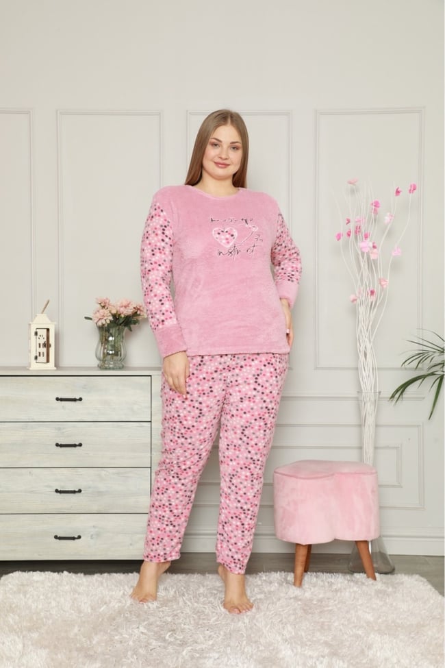 Kadın Pudra Büyük Beden Kalp Işlemeli Peluş Polar Pijama Takımı