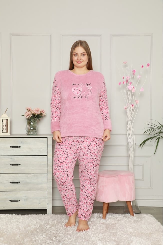 Kadın Pudra Büyük Beden Kalp Işlemeli Peluş Polar Pijama Takımı