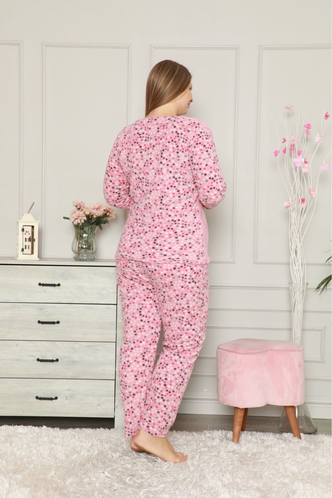 Kadın Pudra Büyük Beden Kalp Işlemeli Peluş Polar Pijama Takımı