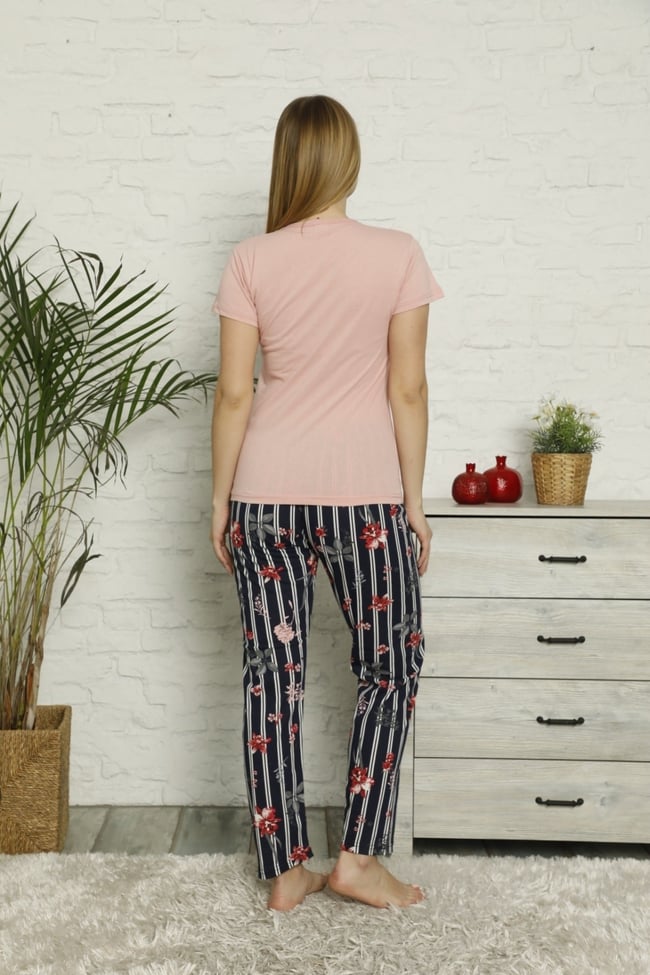 Kadın Pudra Çiçek Desenli Çizgili Pijama Takımı