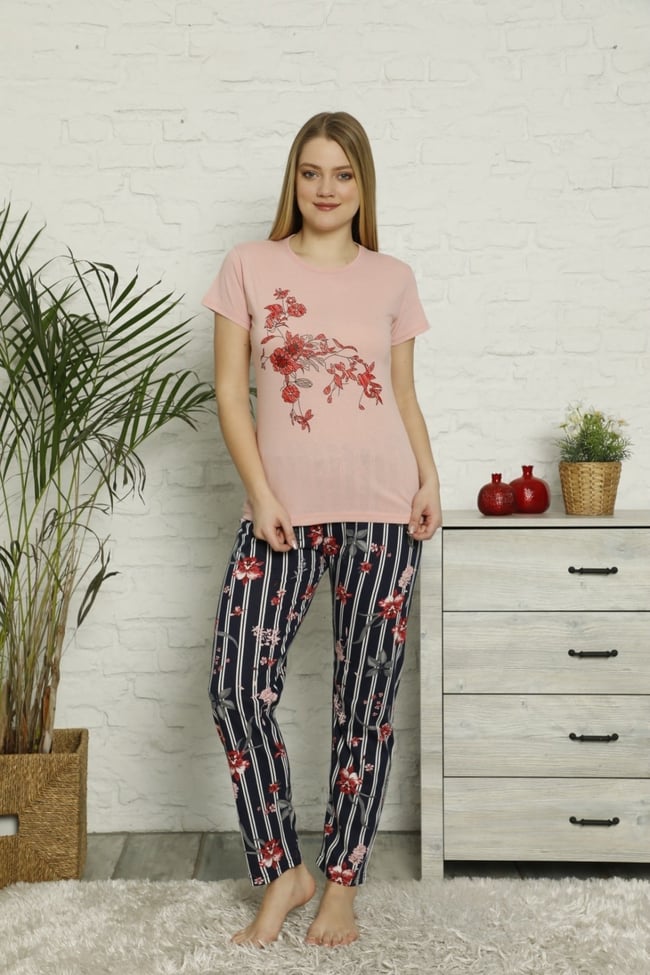 Kadın Pudra Çiçek Desenli Çizgili Pijama Takımı