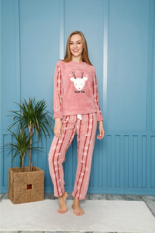 Kadın Pudra Geyik Nakışlı Montain Dream Yazılı Polar Peluş Pijama Takımı