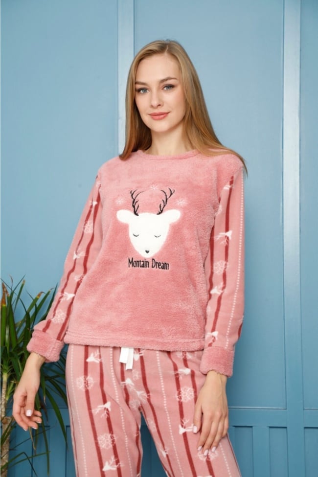 Kadın Pudra Geyik Nakışlı Montain Dream Yazılı Polar Peluş Pijama Takımı