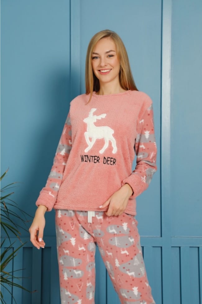 Kadın Pudra Geyik Nakışlı Wınter Deer Yazılı Polar Peluş Pijama Takımı