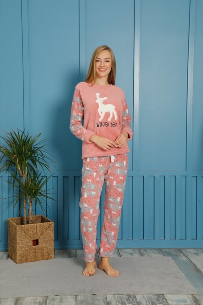 Kadın Pudra Geyik Nakışlı Wınter Deer Yazılı Polar Peluş Pijama Takımı