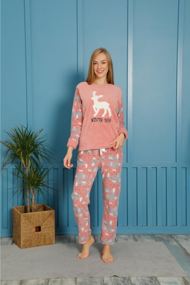 Kadın Pudra Geyik Nakışlı Wınter Deer Yazılı Polar Peluş Pijama Takımı