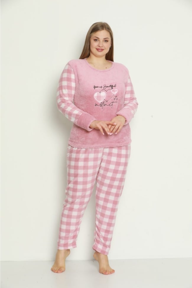 Kadın Pudra Kalpli Ekose Desenli Polar Peluş Pijama Takımı