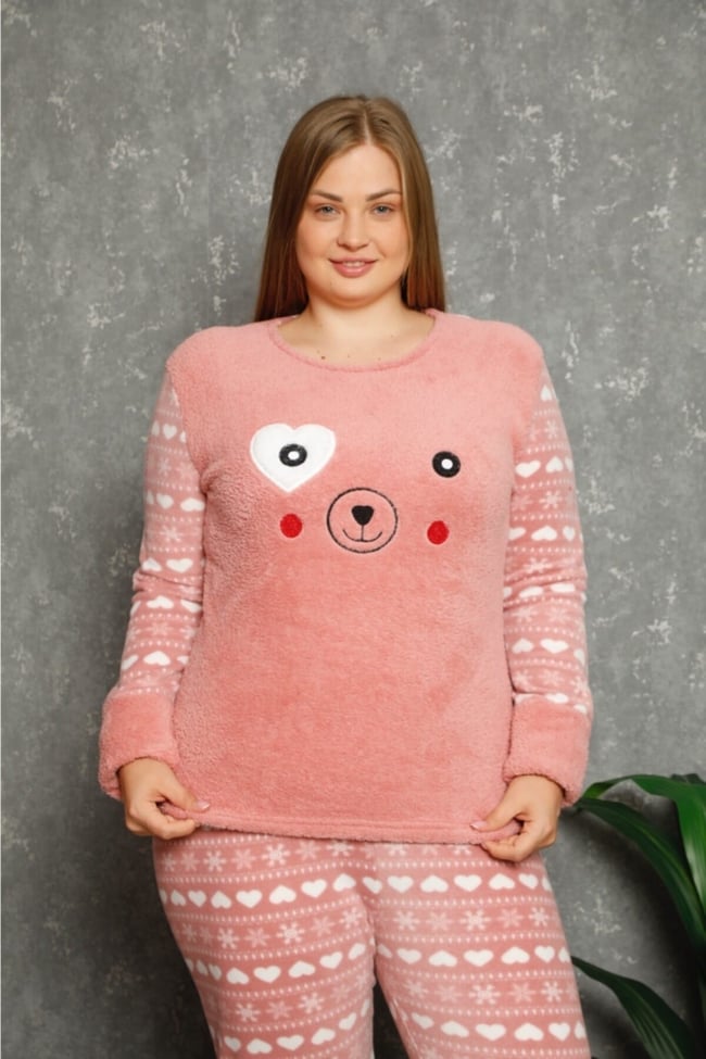 Kadın Pudra Kalpli Ekose Desenli Polar Peluş Pijama Takımı