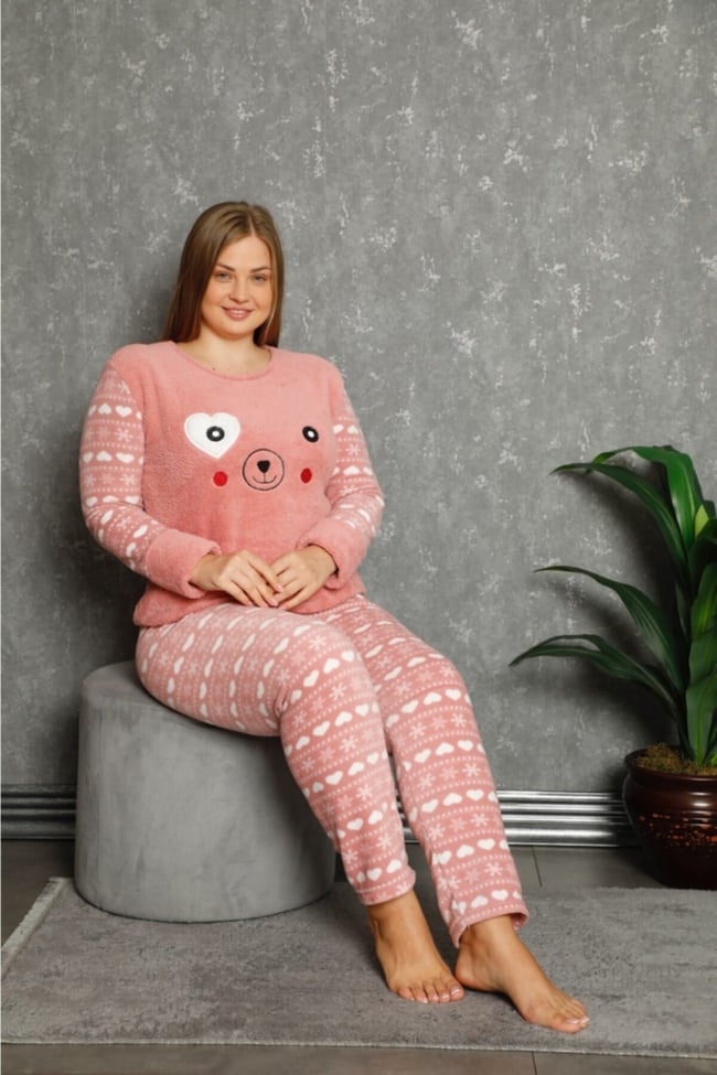 Kadın Pudra Kalpli Ekose Desenli Polar Peluş Pijama Takımı