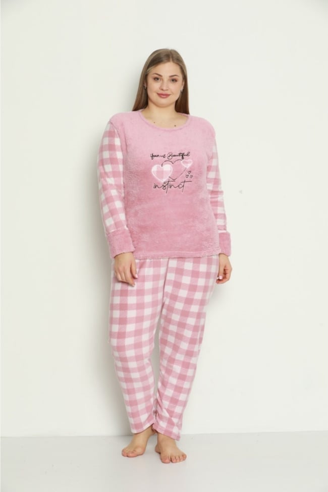 Kadın Pudra Kalpli Ekose Desenli Polar Peluş Pijama Takımı