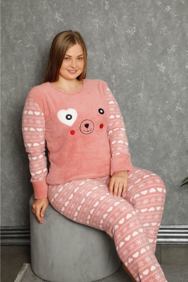 Kadın Pudra Kalpli Ekose Desenli Polar Peluş Pijama Takımı