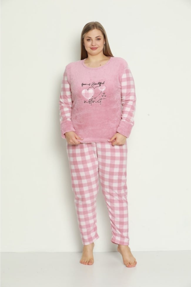 Kadın Pudra Kalpli Ekose Desenli Polar Peluş Pijama Takımı