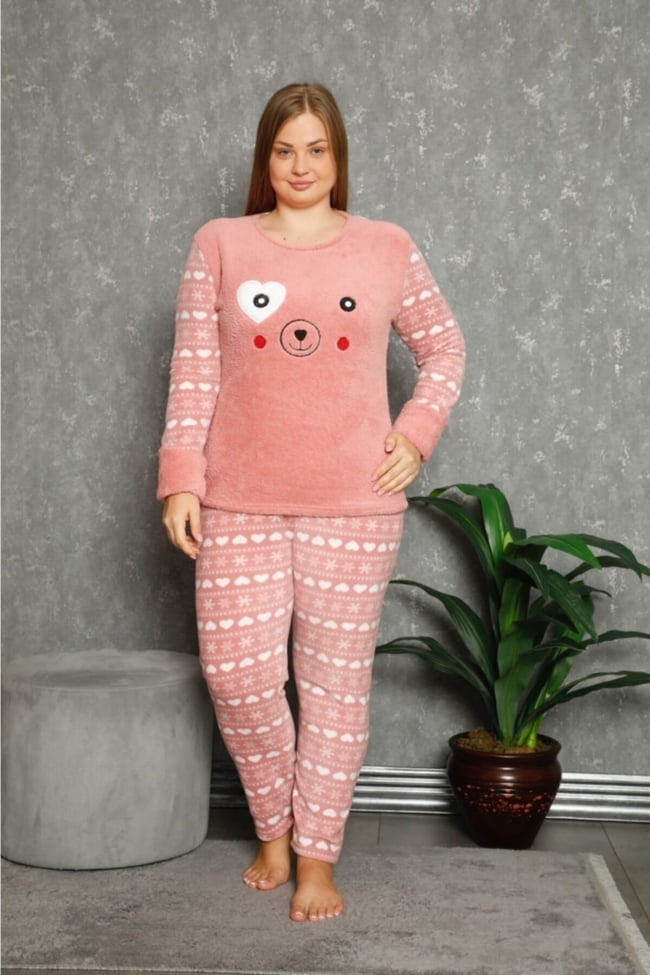 Kadın Pudra Kalpli Ekose Desenli Polar Peluş Pijama Takımı
