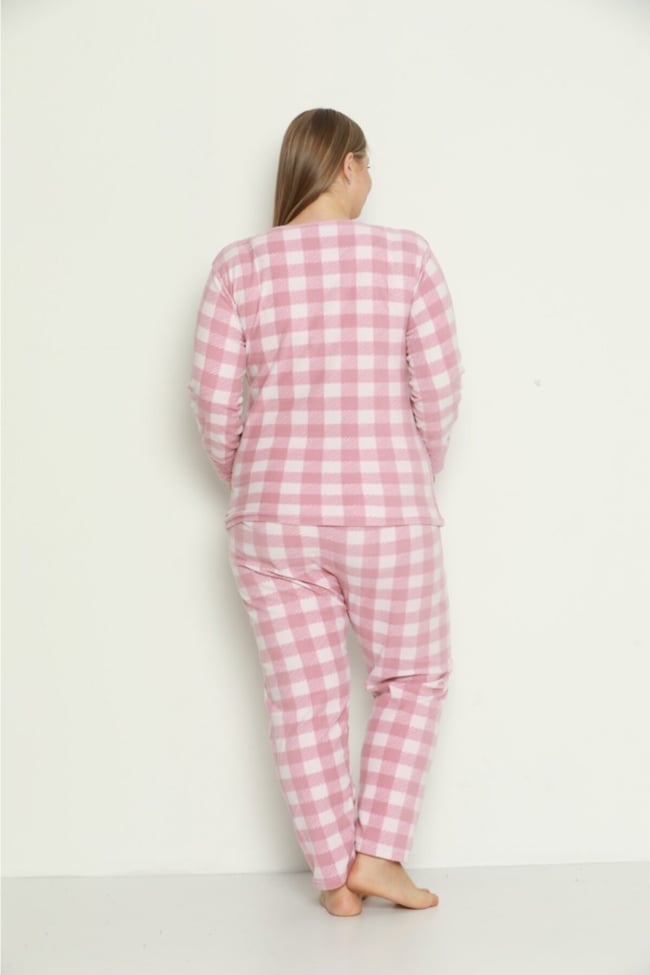 Kadın Pudra Kalpli Ekose Desenli Polar Peluş Pijama Takımı