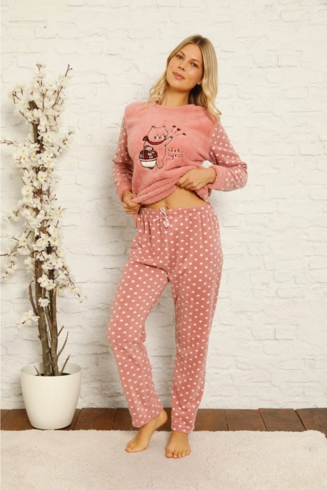 Kadın Pudra Kedicik Desenli Puanlı Polar Peluş Pijama Takımı