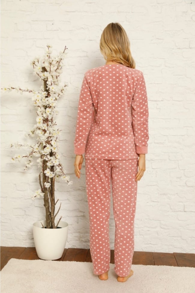 Kadın Pudra Kedicik Desenli Puanlı Polar Peluş Pijama Takımı