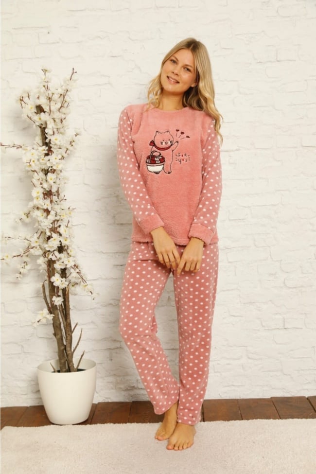 Kadın Pudra Kedicik Desenli Puanlı Polar Peluş Pijama Takımı