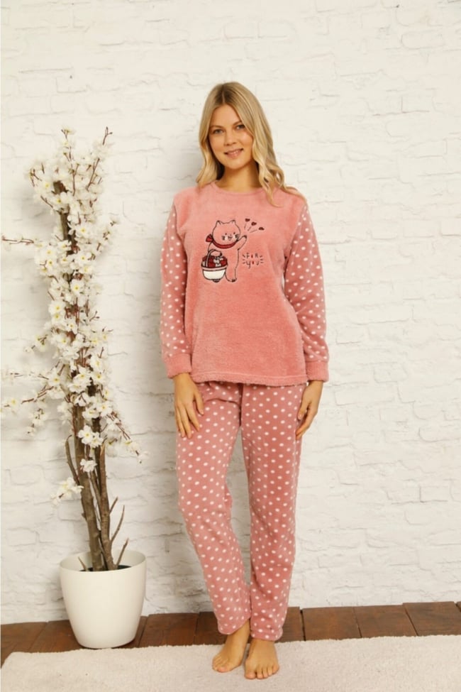 Kadın Pudra Kedicik Desenli Puanlı Polar Peluş Pijama Takımı