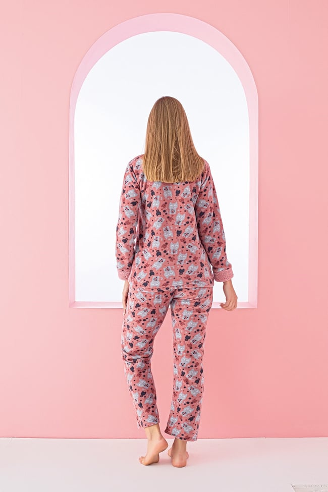 Kadın Pudra Meow Yazılı Kedicik Nakışlı Polar Peluş Pijama Takımı.