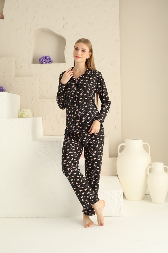 Kadın Pudra Minik Kalp Baskılı Bebe Yaka Önü Düğmeli Pijama Takımı.