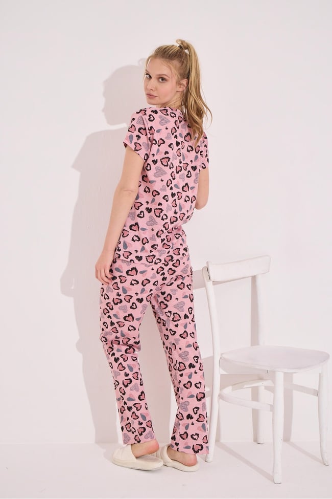 Kadın Pudra Minik Kalp Baskılı Kısa Kollu Altı Uzun Pijama Takımı.