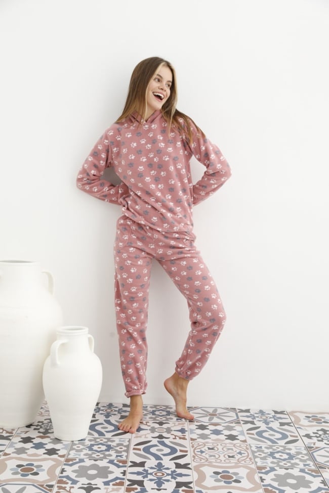Kadın Pudra Pati Desenli Kapüşonlu Polar Eşofman Pijama Takımı