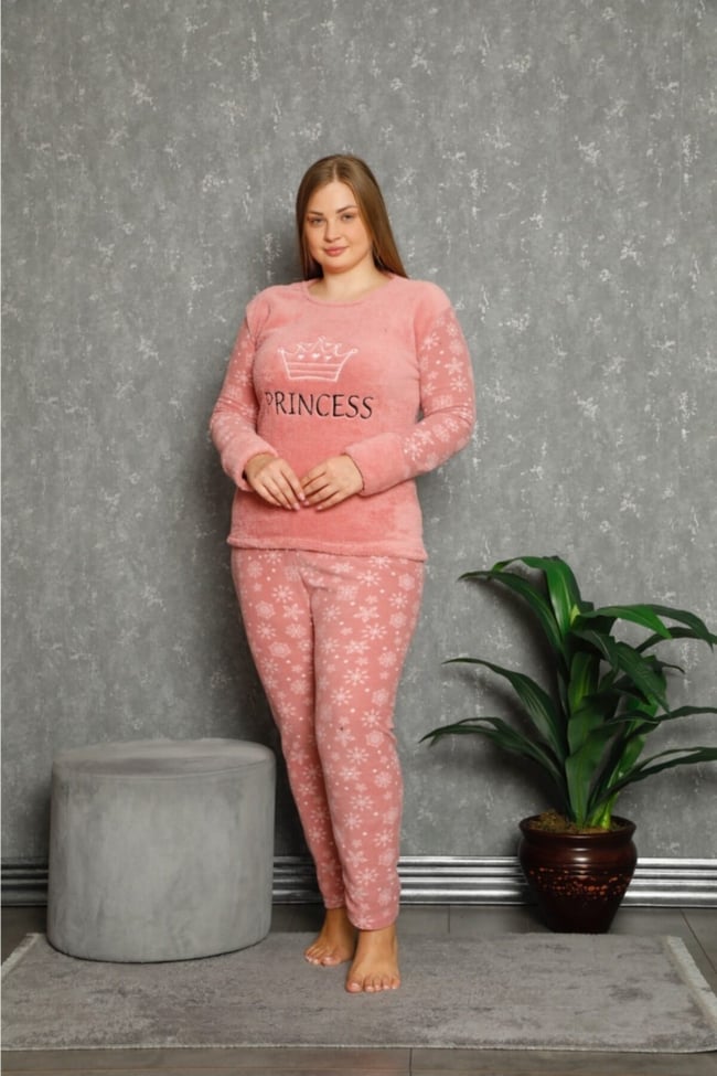 Kadın Pudra Princess Yazılı Kar Desenli Polar Peluş Pijama Takımı