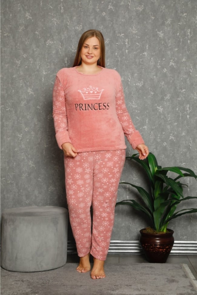 Kadın Pudra Princess Yazılı Kar Desenli Polar Peluş Pijama Takımı