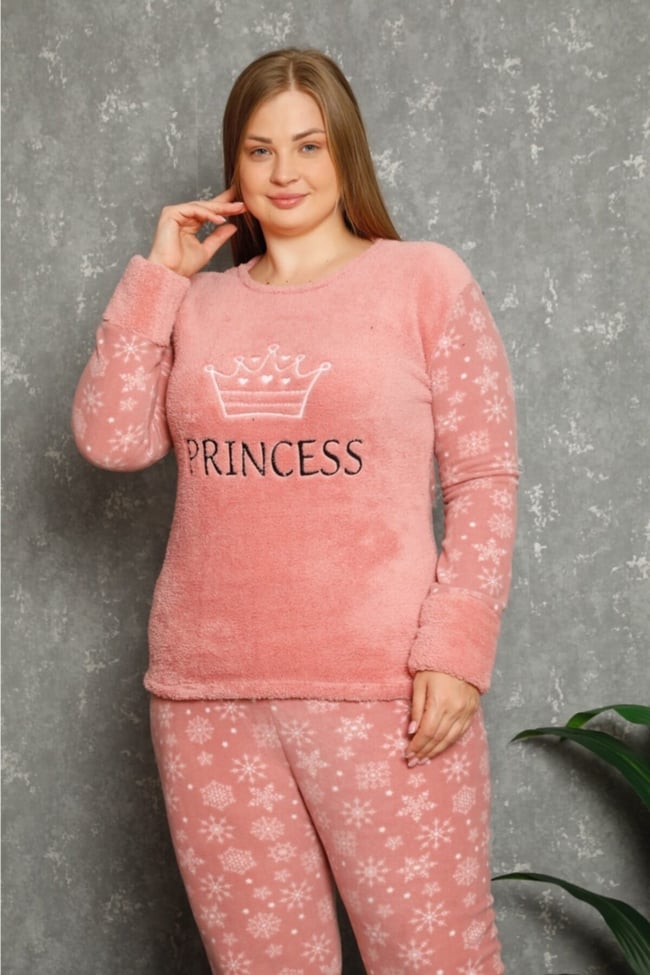 Kadın Pudra Princess Yazılı Kar Desenli Polar Peluş Pijama Takımı