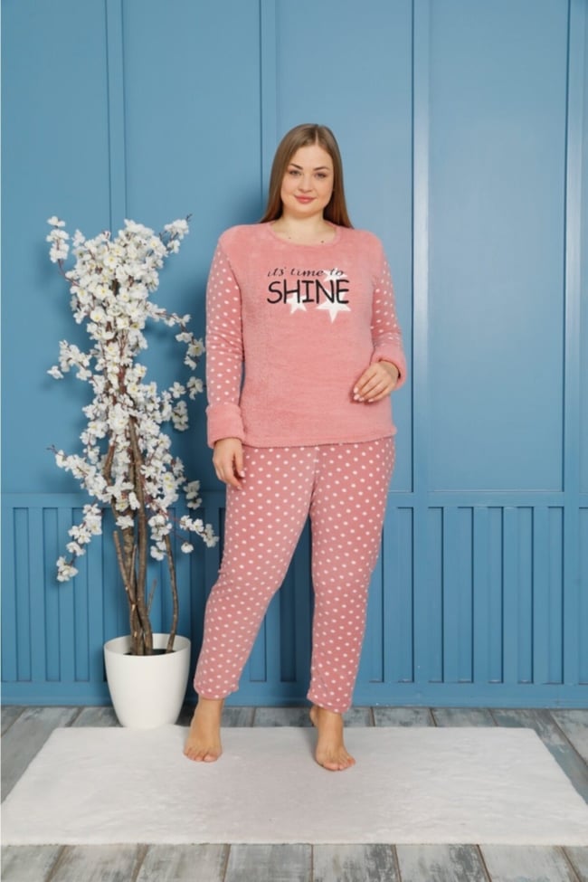 Kadın Pudra Shıne Yazılı Puanlı Polar Peluş Pijama Takımı