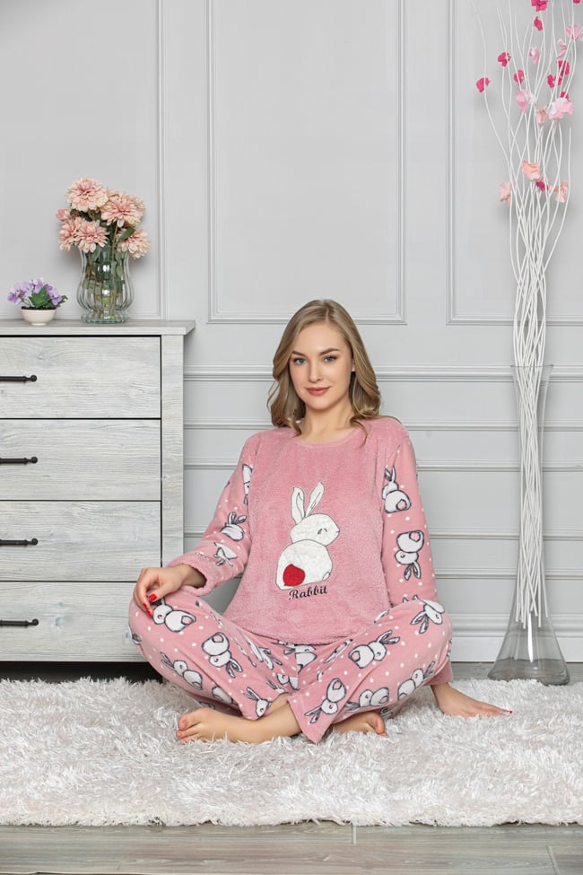 Kadın Pudra Tavşanlı Polar Pijama Takım