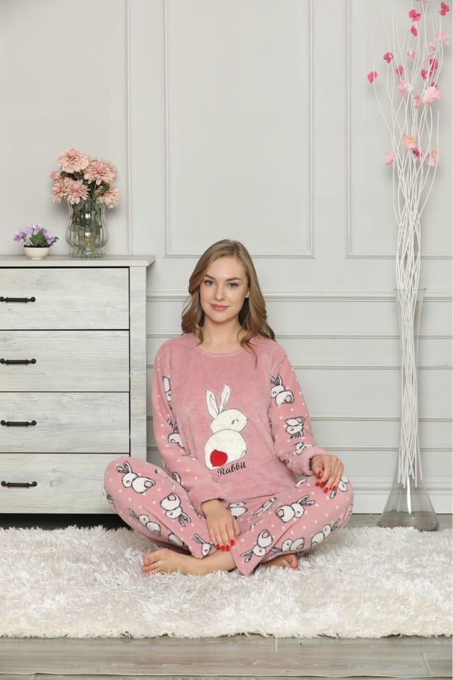Kadın Pudra Tavşanlı Polar Pijama Takım
