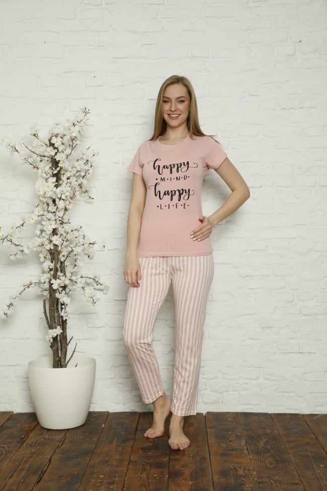 Kadın Pudra Yazılı Çizgili Pijama Takımı