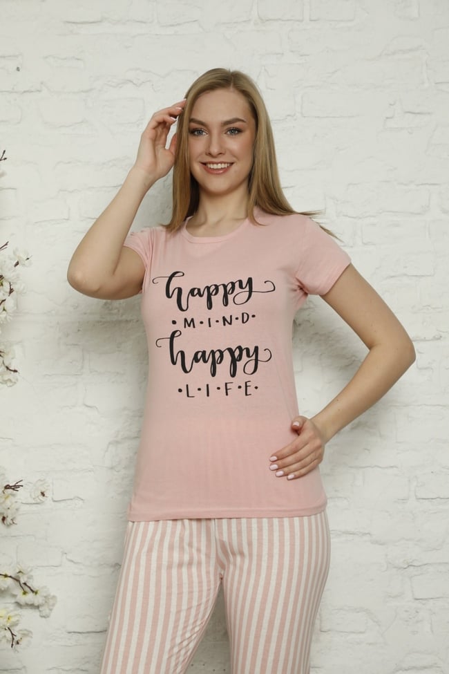Kadın Pudra Yazılı Çizgili Pijama Takımı