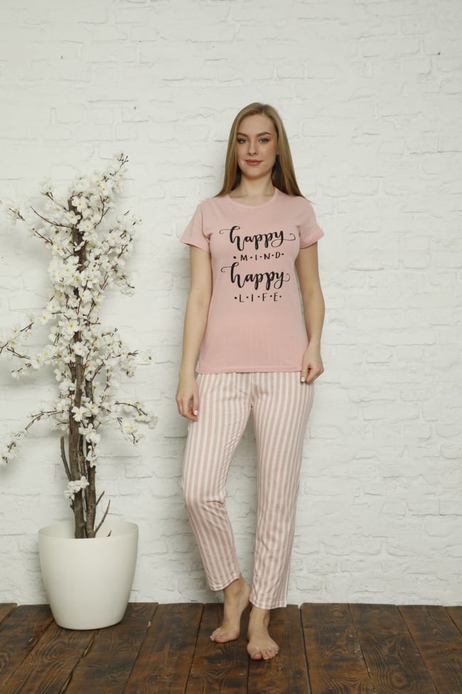 Kadın Pudra Yazılı Çizgili Pijama Takımı