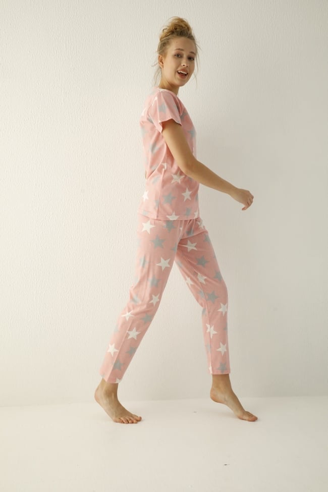 Kadın Pudra Yıldız Desenli Pijama Takımı