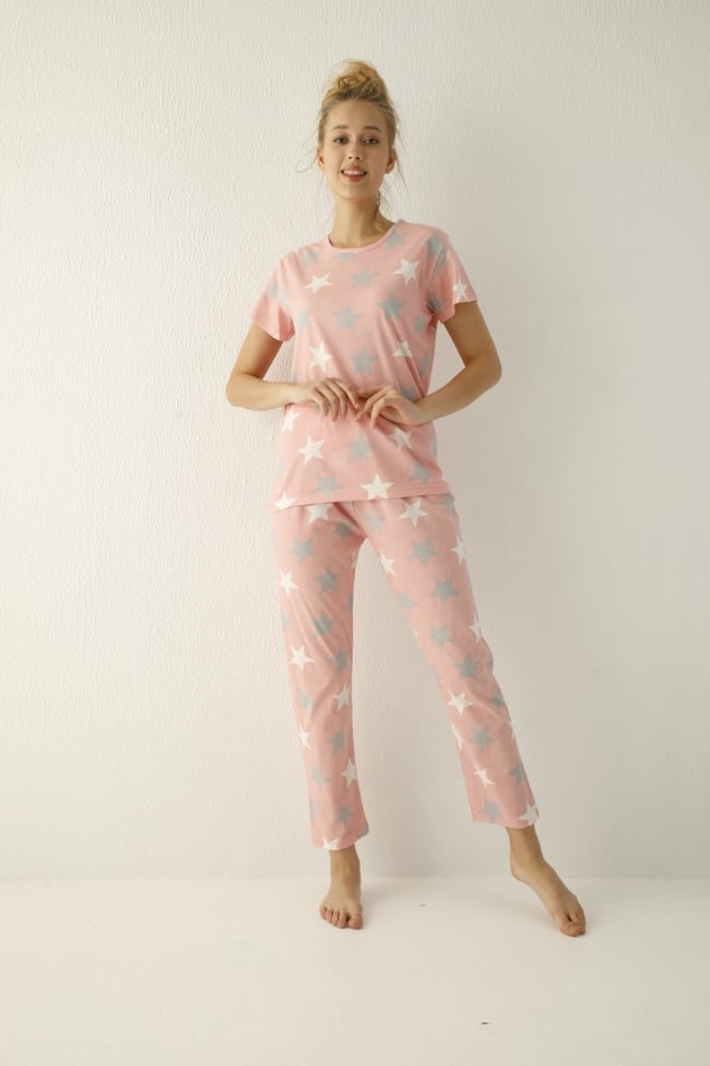 Kadın Pudra Yıldız Desenli Pijama Takımı