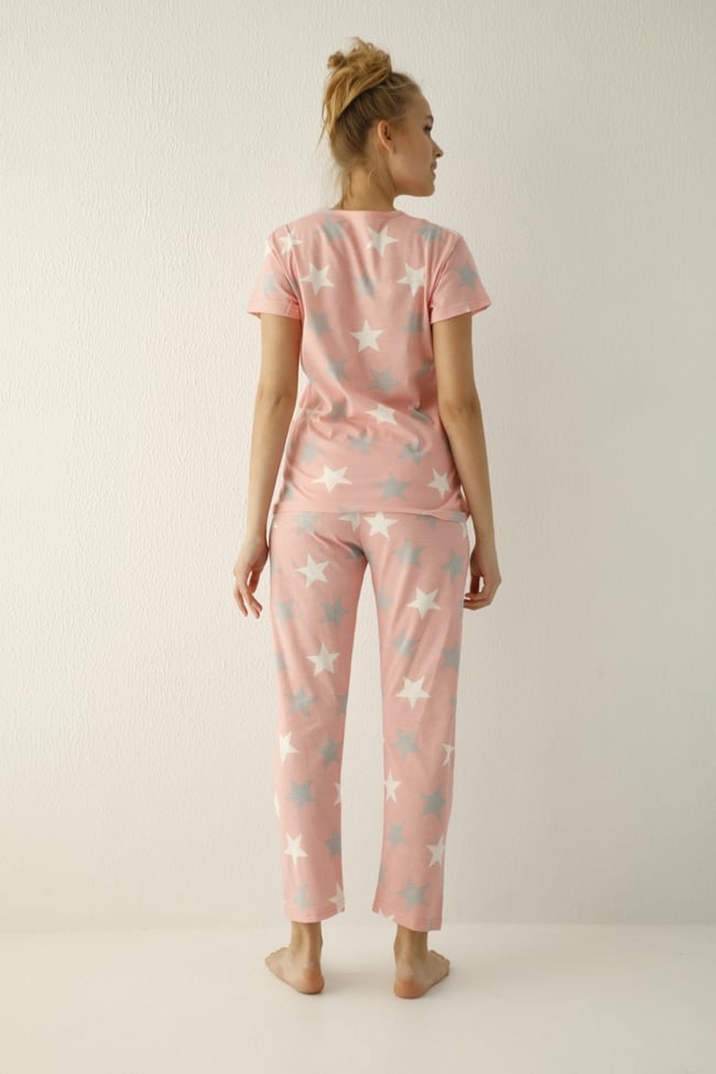 Kadın Pudra Yıldız Desenli Pijama Takımı