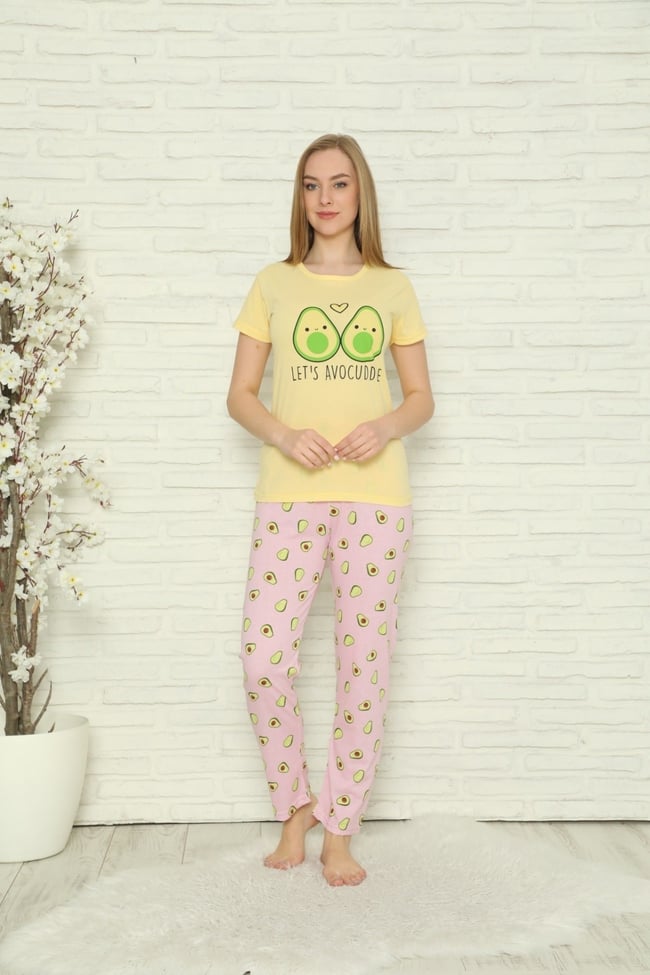 Kadın Sarı Avokado Desenli Desenli Pijama Takımı