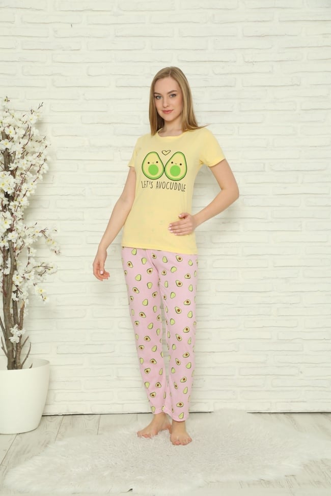 Kadın Sarı Avokado Desenli Desenli Pijama Takımı